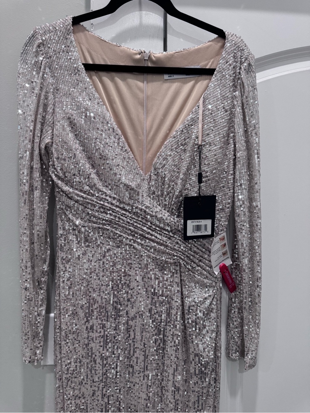Ieena for Mac Duggal Sequin Long Sleeve V-Neck Evening Gown in Champagne size 8 - Picture 2 of 10